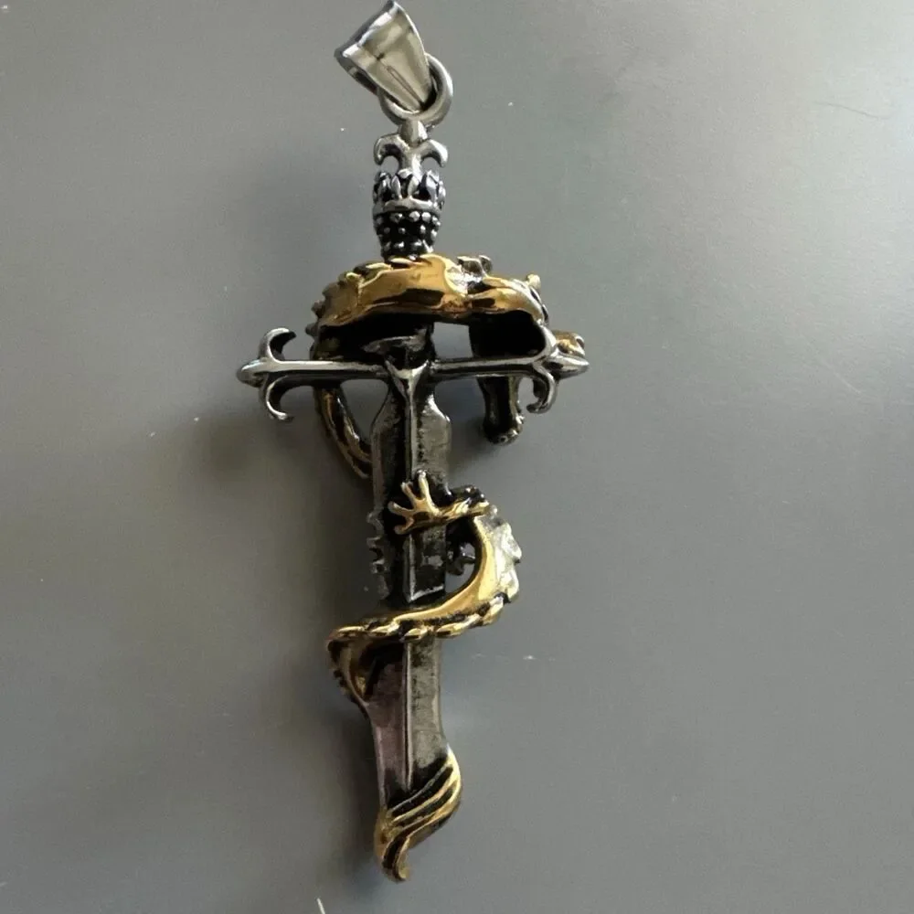 Dagger Sword Dragon Pendant 24” Chain Stainless Steel Viking Gothic Gift Vintage